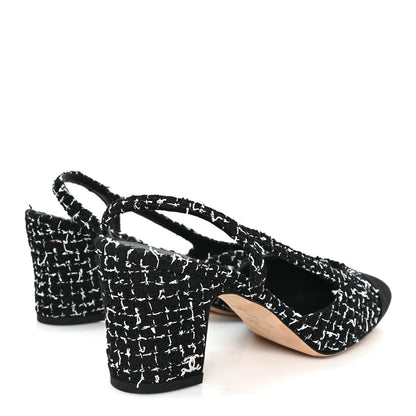 Chanel Tweed Grosgrain Cap Toe CC Slingback Pumps 38.5 Black White 5 of 10
