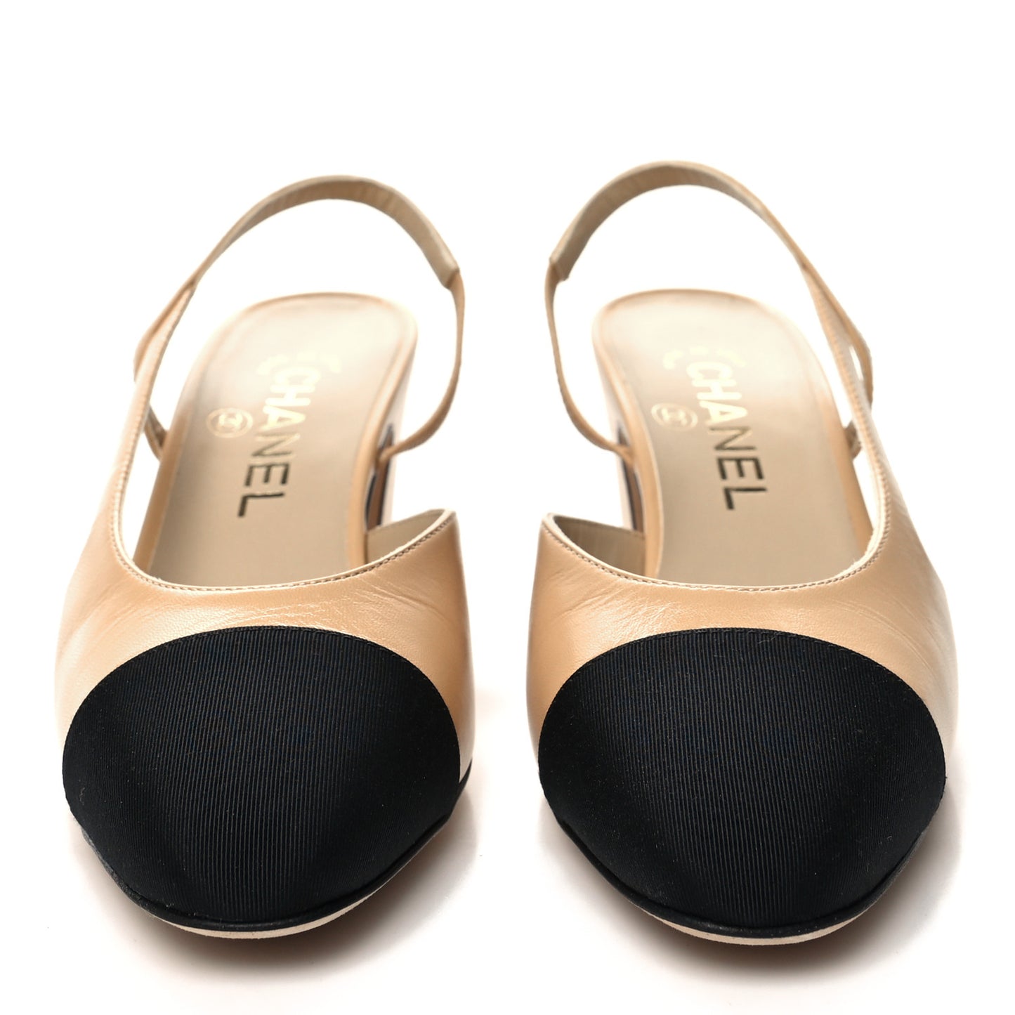 Goatskin Grosgrain Cap Toe CC Slingback Pumps 36.5 Beige Black