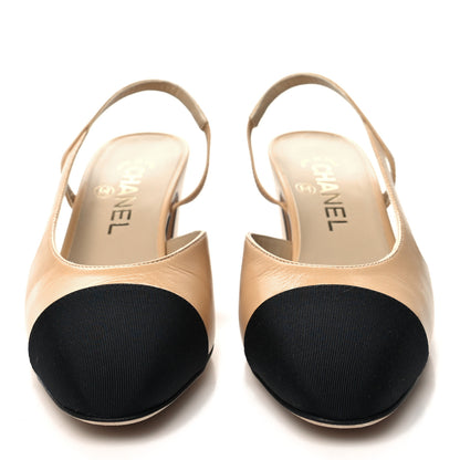 Chanel Goatskin Grosgrain Cap Toe CC Slingback Pumps 36.5 Beige Black 2 of 8