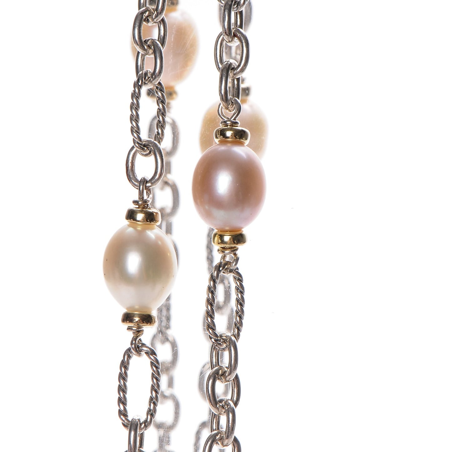 Sterling Silver 18K Yellow Gold Baroque Pearl Long Figaro Chain Necklace