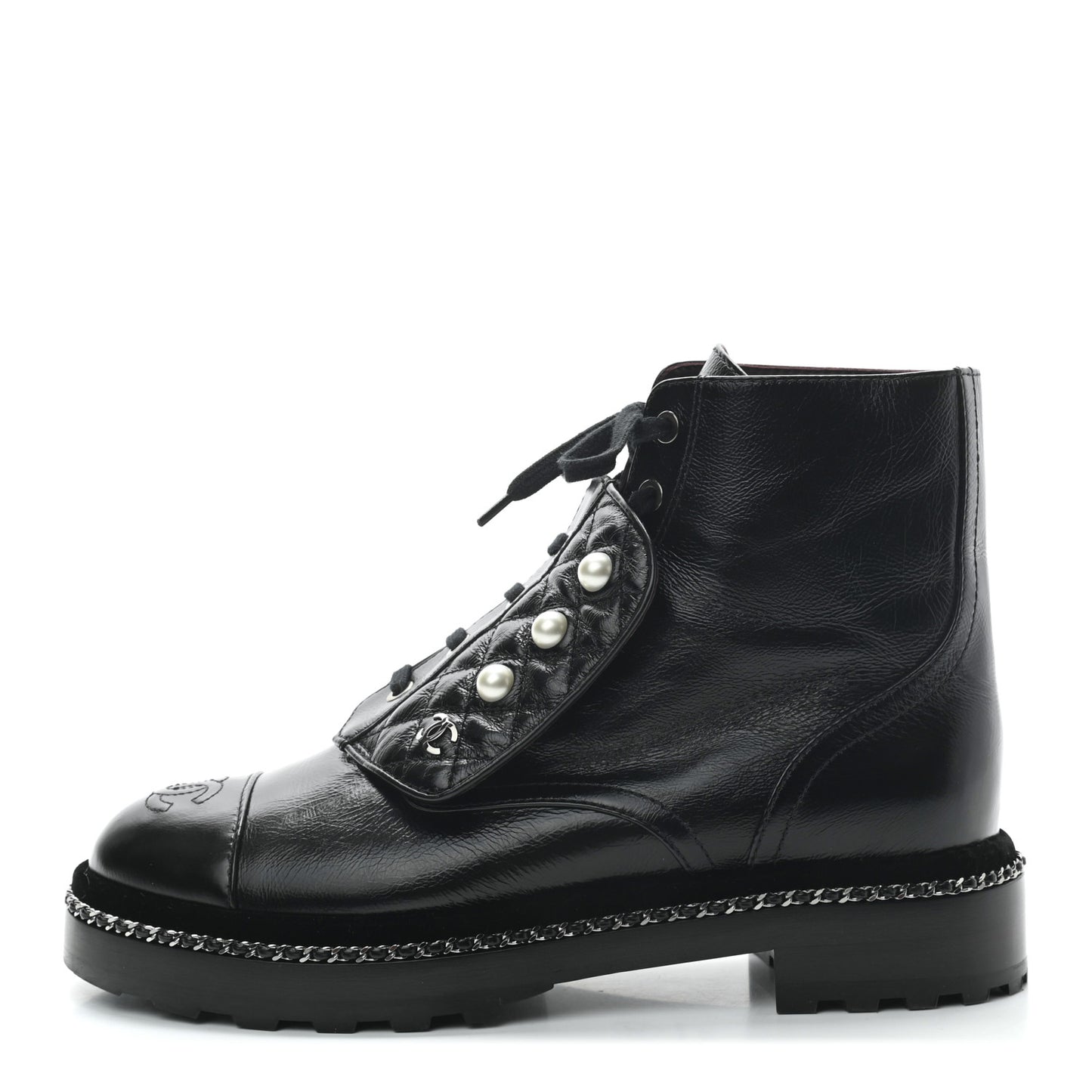 Crackled Calfskin Velvet Pearl Combat Short Boots 39.5 Black