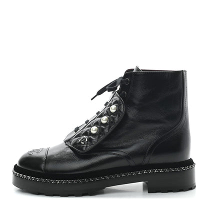 Chanel Crackled Calfskin Velvet Pearl Combat Short Boots 39.5 Black 1 of 8