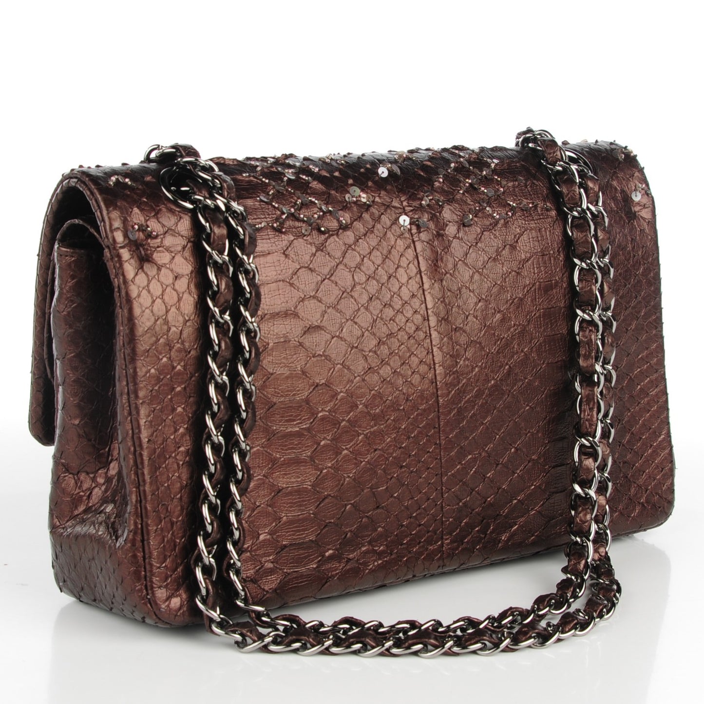Metallic Python Sequin Medium Double Flap Dark Brown