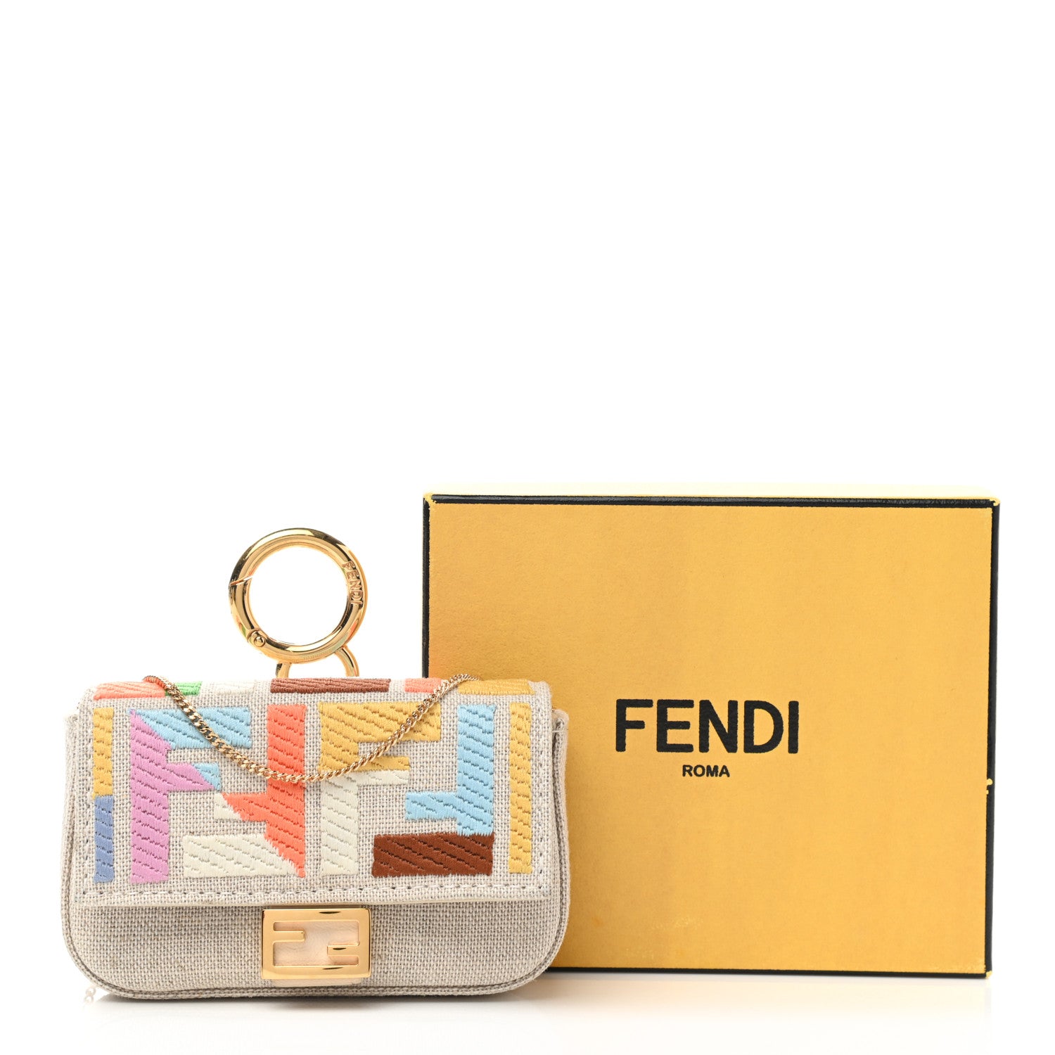 Fendi Kuban Canvas FF Embroidered Nano Baguette Charm Grezzo Multicolor 14 of 14