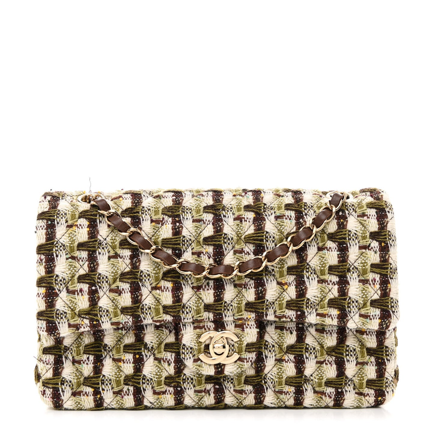 Tweed Quilted Medium Double Flap Green Multicolor