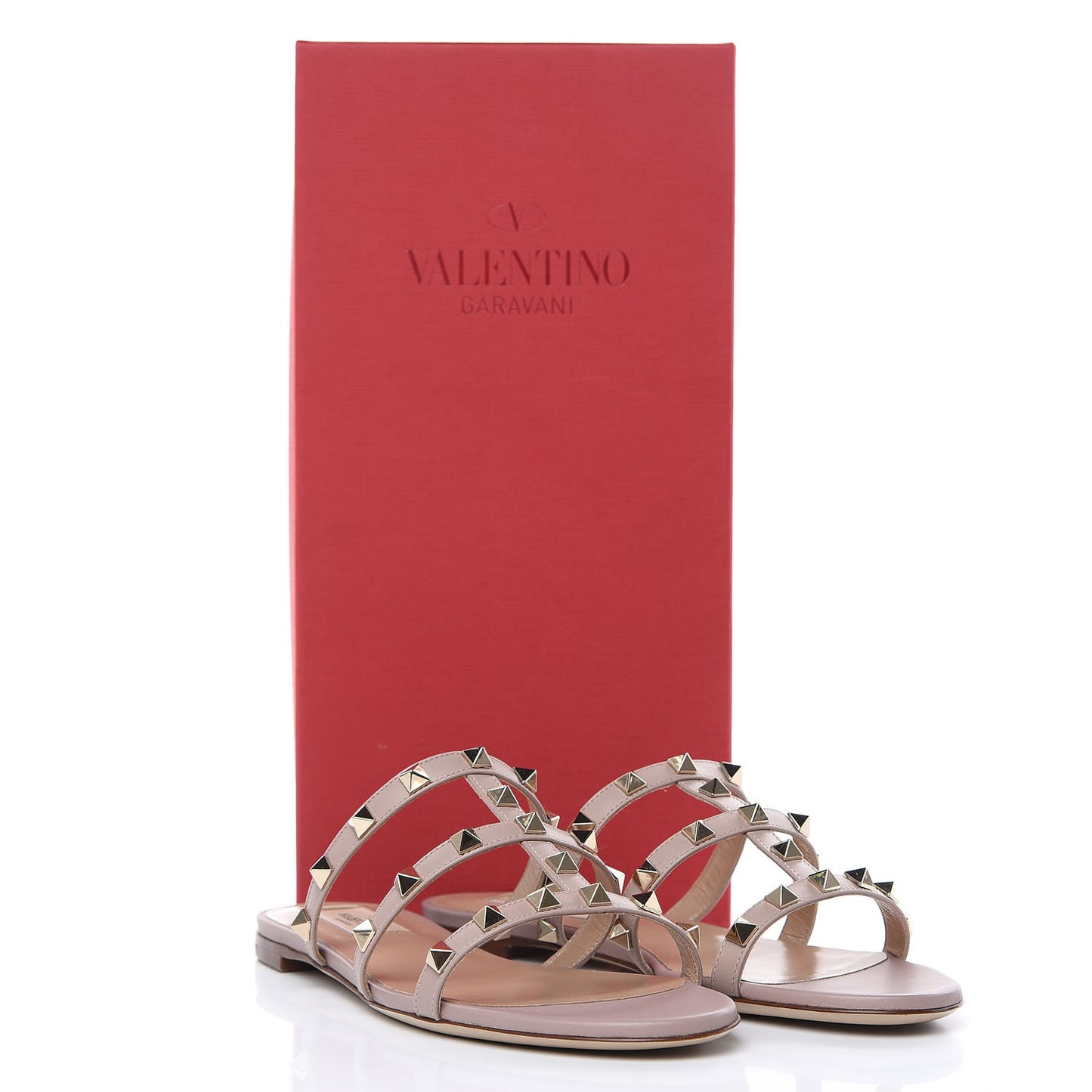 Calfskin Rockstud Caged Flat Slide Sandals 36 Poudre