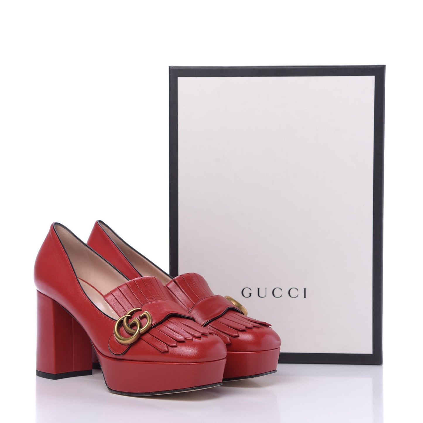 Malaga Kid GG Marmont Fringe Platform Loafer Pumps 38.5 Hibiscus Red