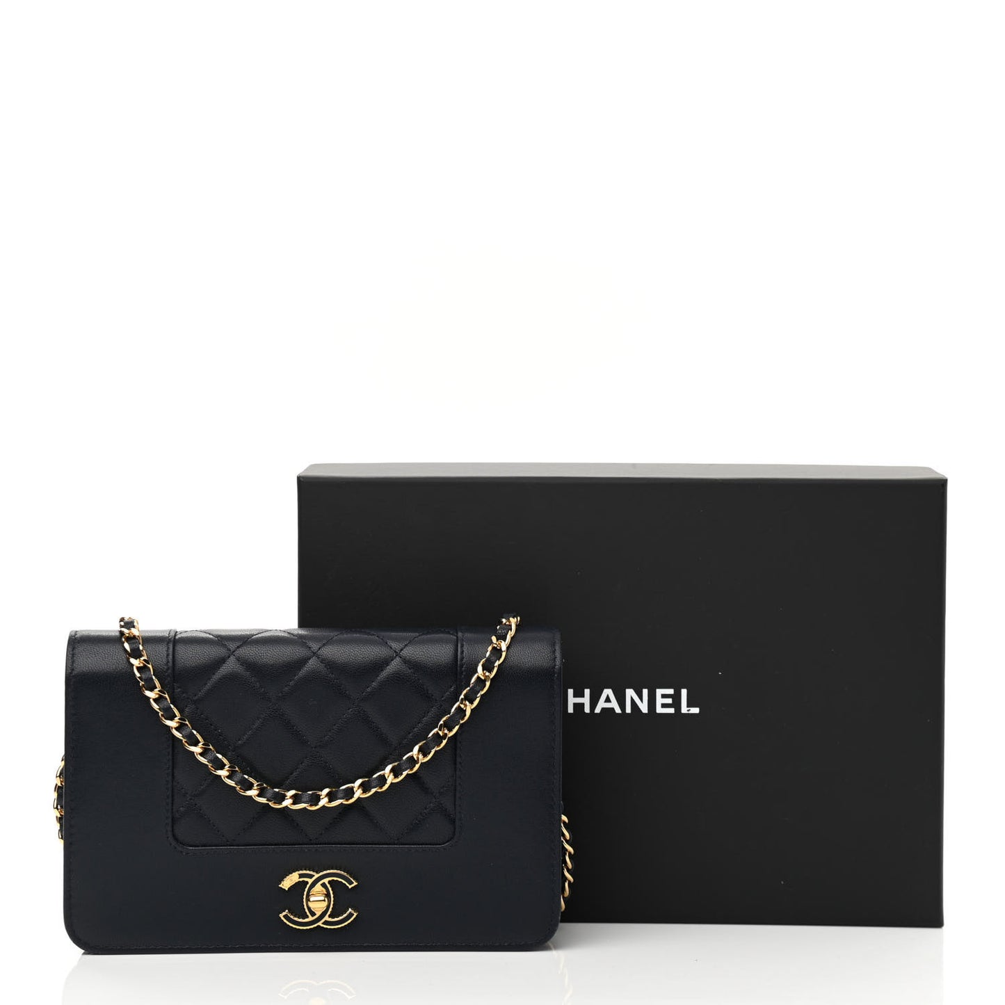 Sheepskin Quilted Mademoiselle Vintage Wallet On Chain WOC Navy