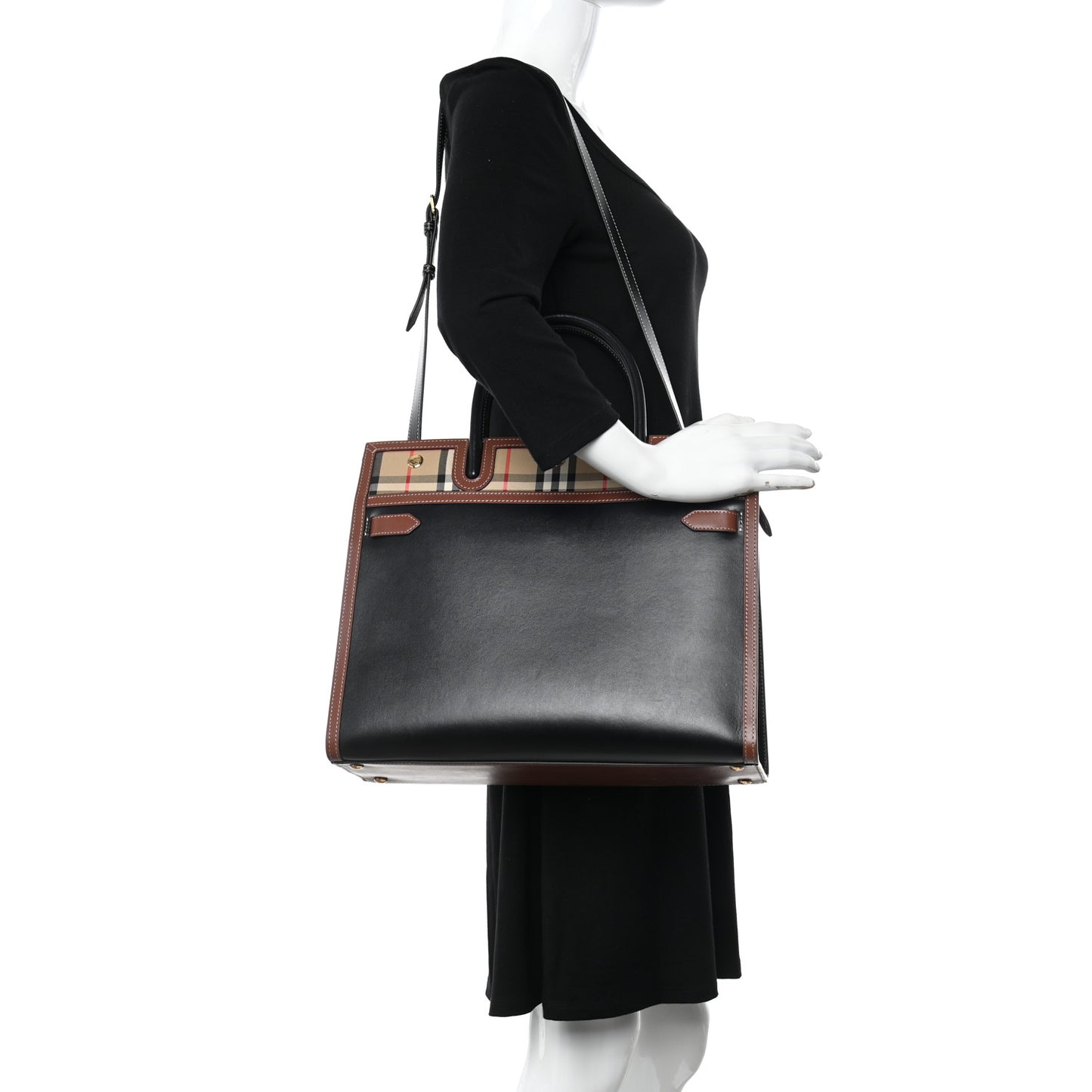 Calfskin Vintage Check Medium Two Handle Title Bag Black