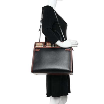 Burberry Calfskin Vintage Check Medium Two Handle Title Bag Black 2 of 10
