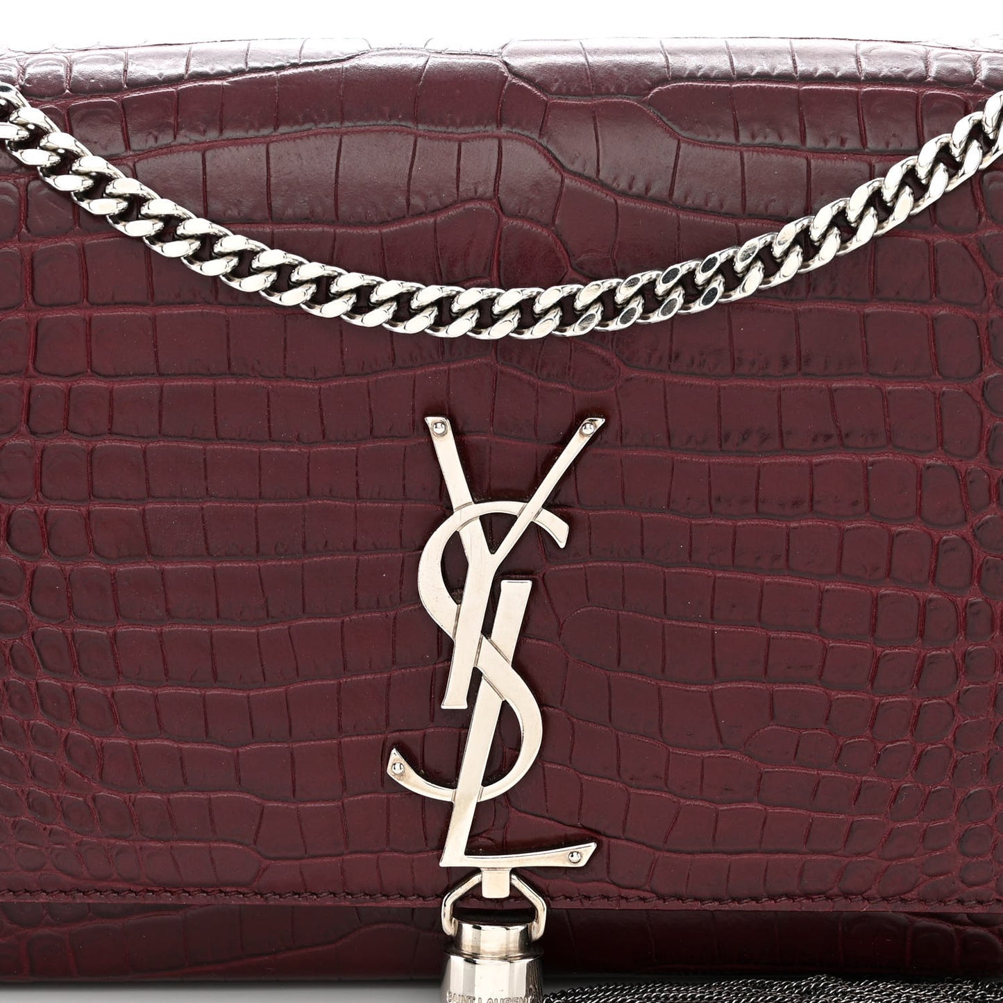 Calfskin Crocodile Embossed Medium Classic Monogram Kate Tassel Satchel Dark Red