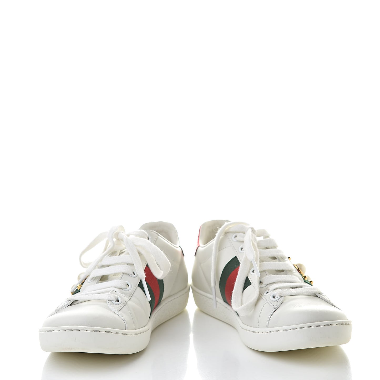 Calfskin Web Pearl Studded Womens Ace Sneakers 35 White