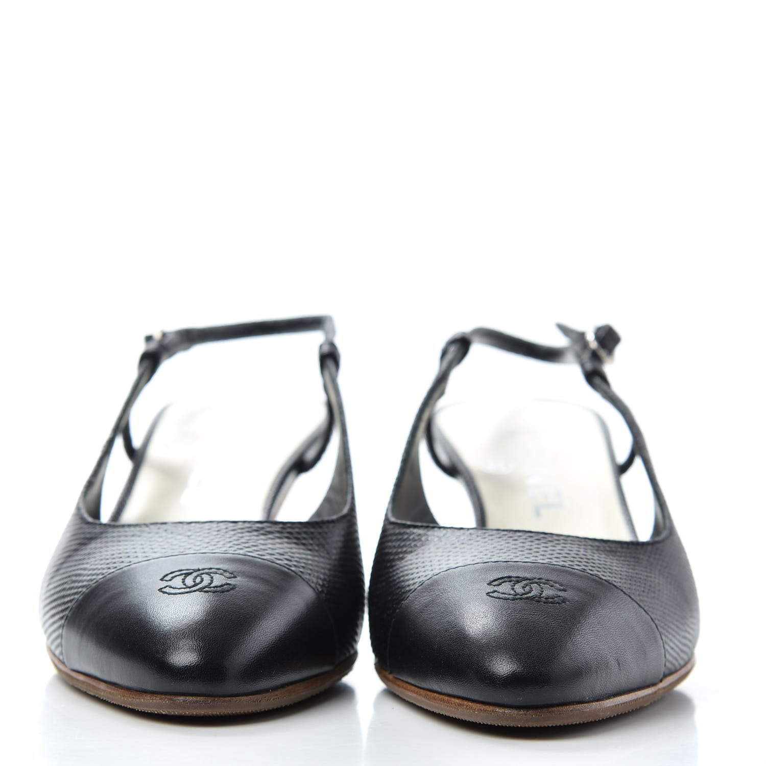 Chanel Calfskin Embossed Cap Toe CC Slingback Pumps 37.5 Black 2 of 11