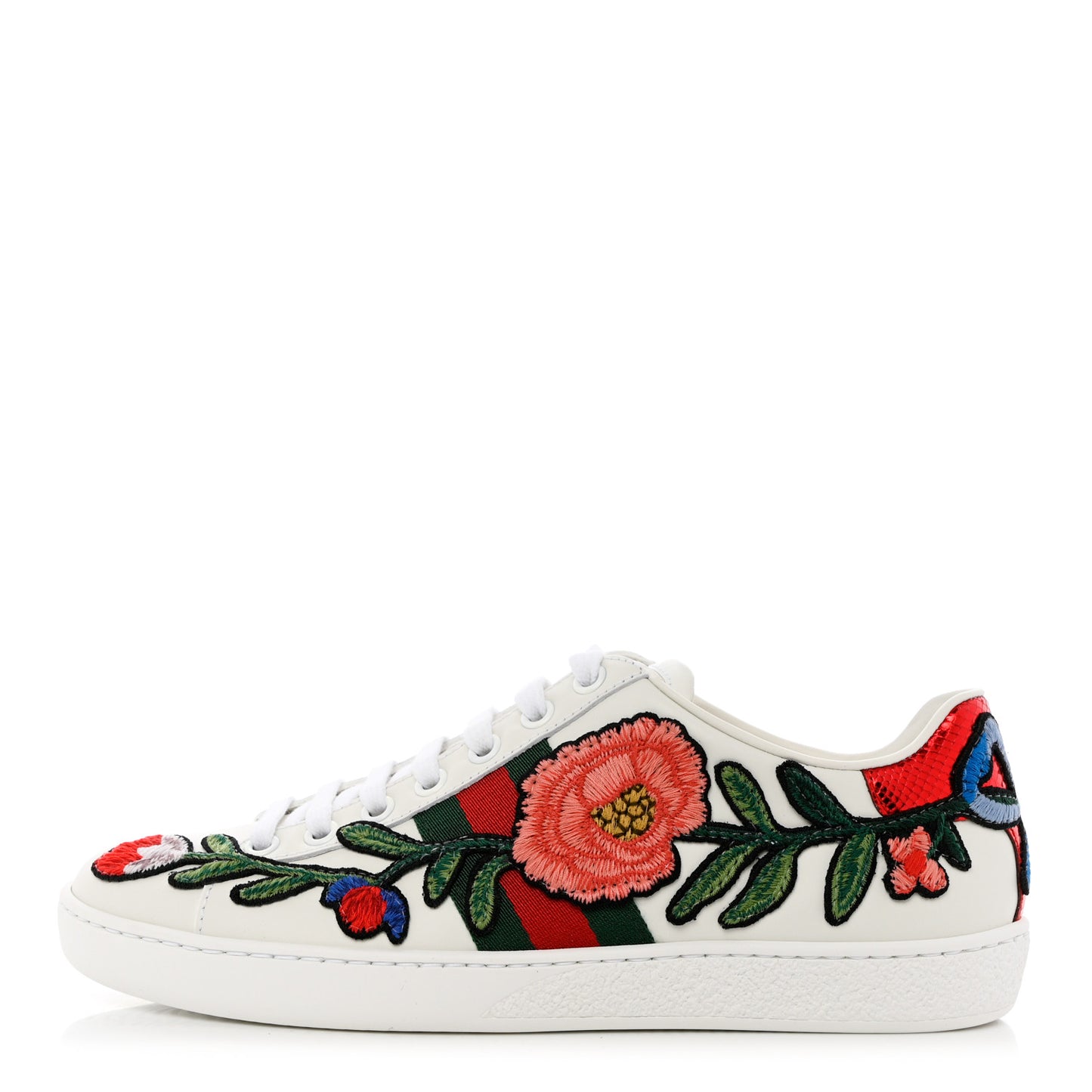 Calfskin Web Floral Embroidered Womens Ace Sneakers 35.5 White