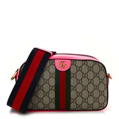 Gucci GG Supreme Monogram Textured Dollar Calfskin Web Ophidia Small Crossbody Bag Beige Ebony Fuchsia 1 of 10