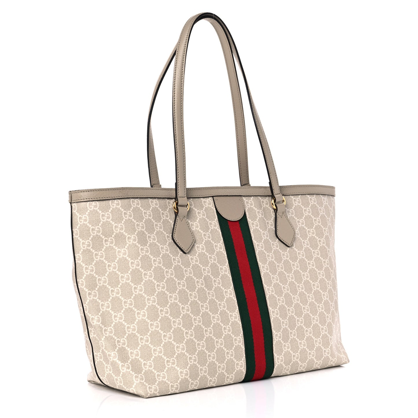 GG Supreme Monogram Textured Dollar Calfskin Web Medium Ophidia Shopping Tote Beige Mystic White Oatmeal