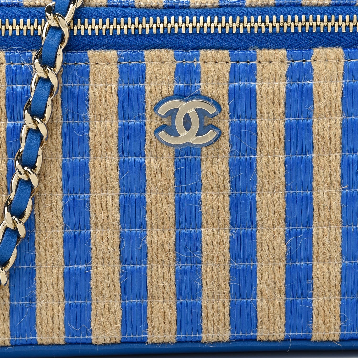 Chanel Raffia Jute Striped Small Vanity Case With Chain Blue Beige 10 of 10