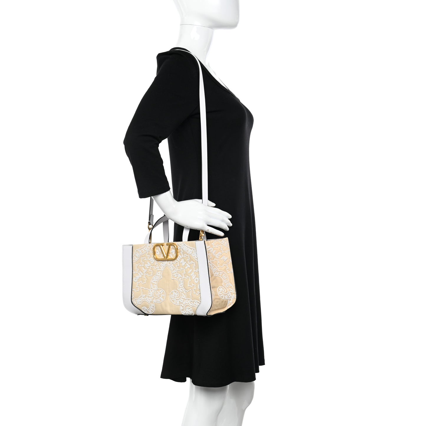 Canvas Calfskin Embellished Small Vlogo Signature Tote White Natural