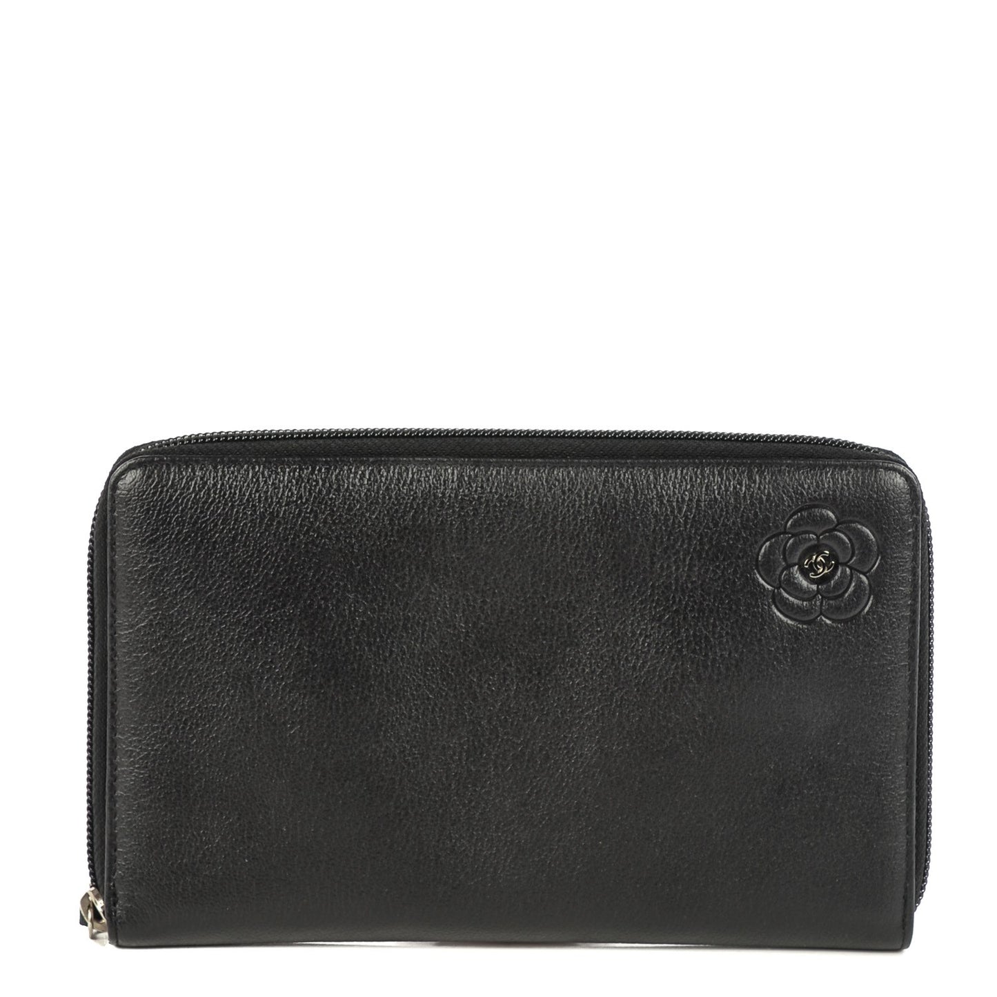 Goatskin Camellia Embossed Zip Around Organizer Wallet Black
