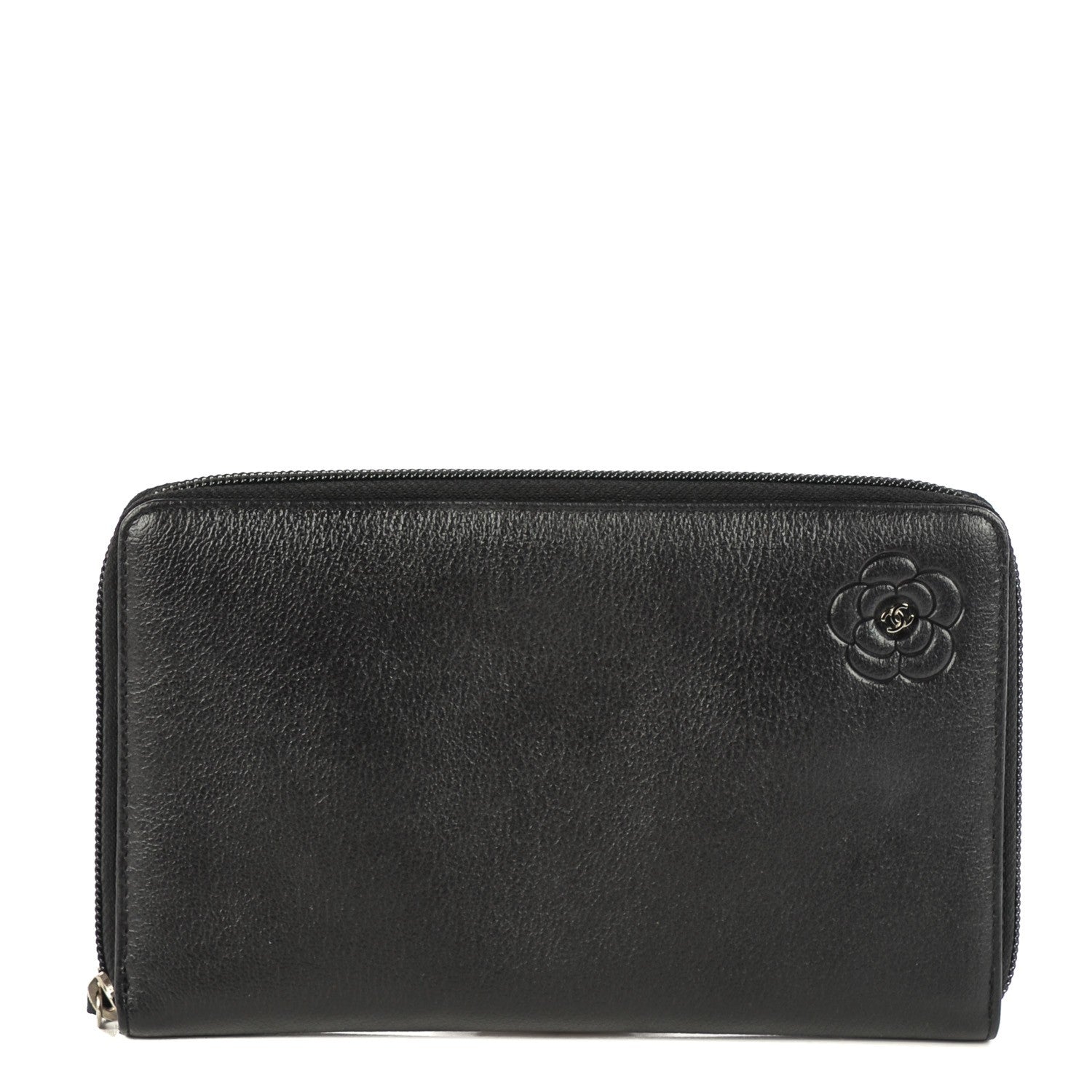 Chanel Goatskin Camellia Embossed Zip Around Organizer Wallet Black 1 of 8