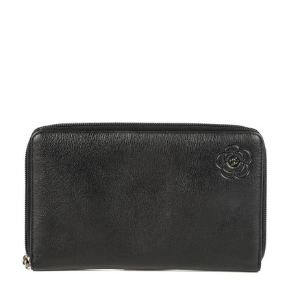 Chanel Goatskin Camellia Embossed Zip Around Organizer Wallet Black 1 of 8