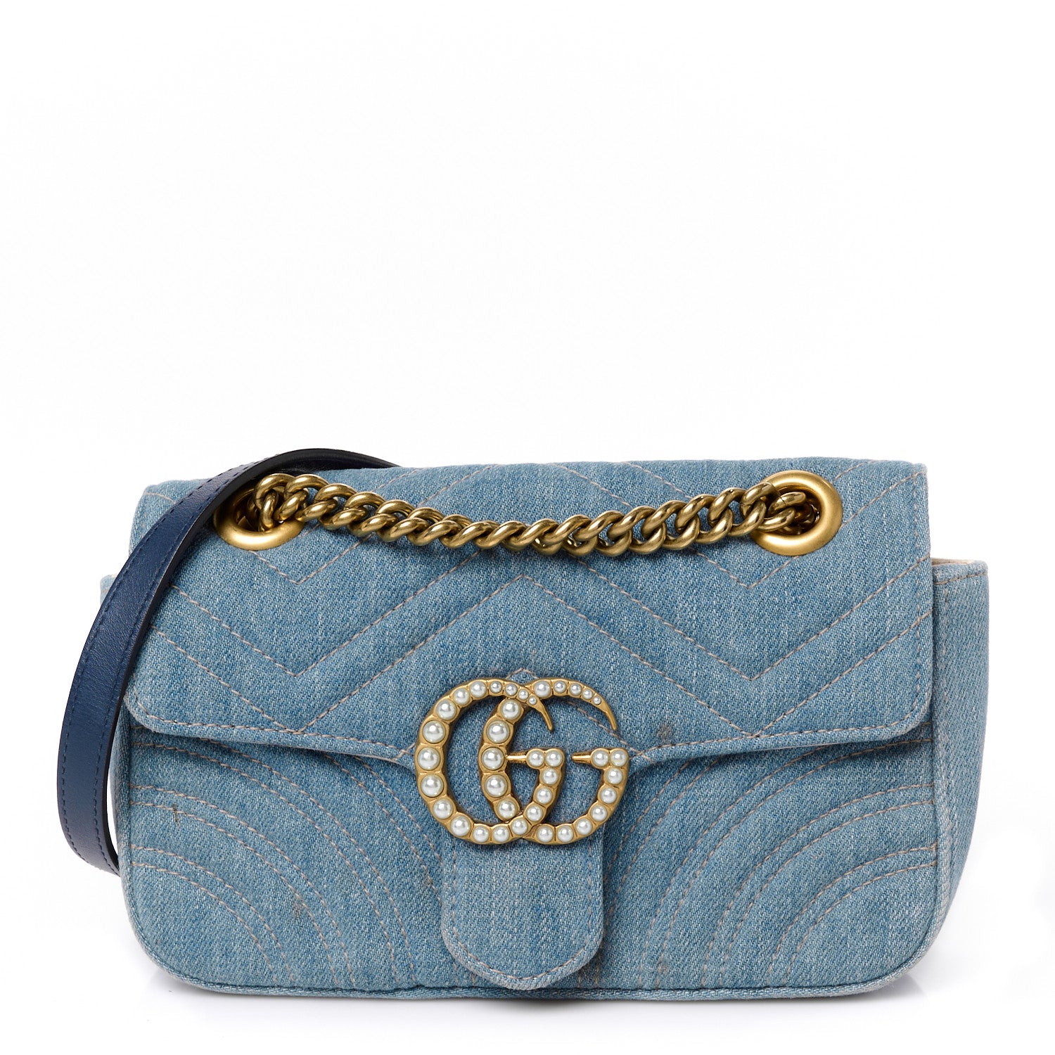 Gucci Denim Matelasse Mini Pearly GG Marmont Shoulder Bag Blue 1 of 10