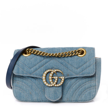 Gucci Denim Matelasse Mini Pearly GG Marmont Shoulder Bag Blue 1 of 10