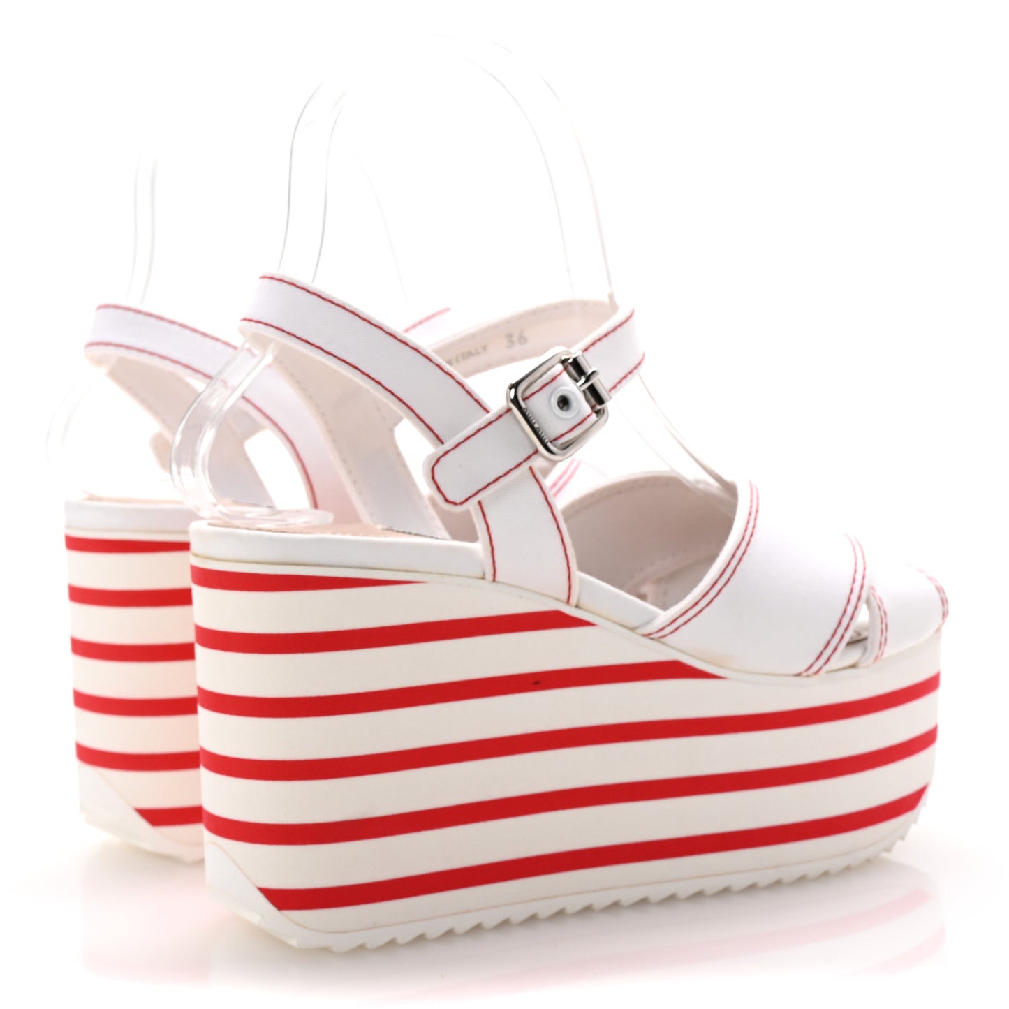 Gabardine Striped Platform Wedge Sandals 36 White Rosso