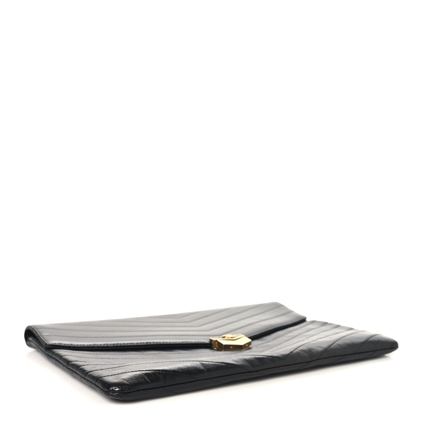Calfskin Chevron Quilted Medal Flap Clutch Black