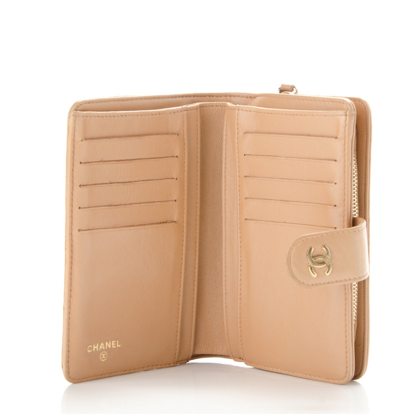 Lambskin Quilted Zipped Pocket Wallet Beige