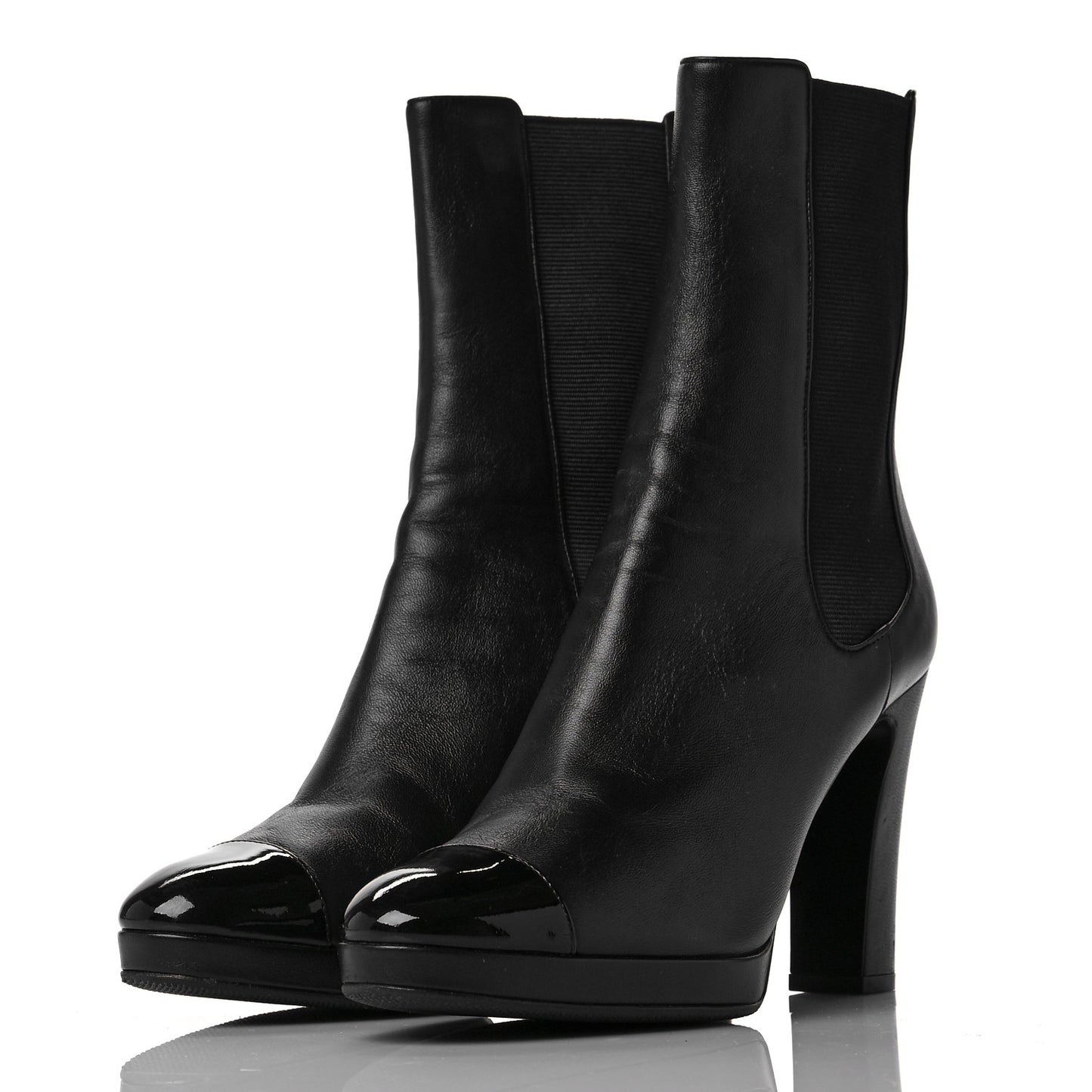 Lambskin Patent Cap Toe Pearl CC Ankle Boots 38.5 Black