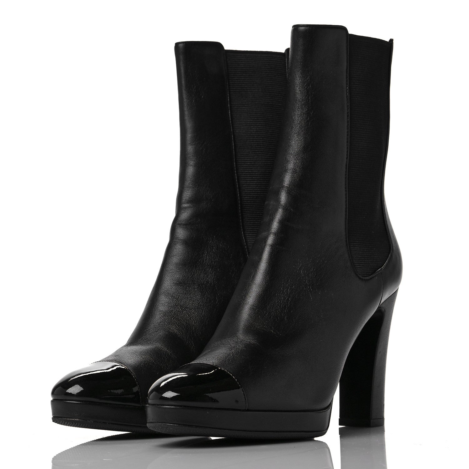 Chanel Lambskin Patent Cap Toe Pearl CC Ankle Boots 38.5 Black 3 of 7