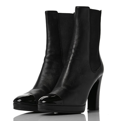 Chanel Lambskin Patent Cap Toe Pearl CC Ankle Boots 38.5 Black 3 of 7