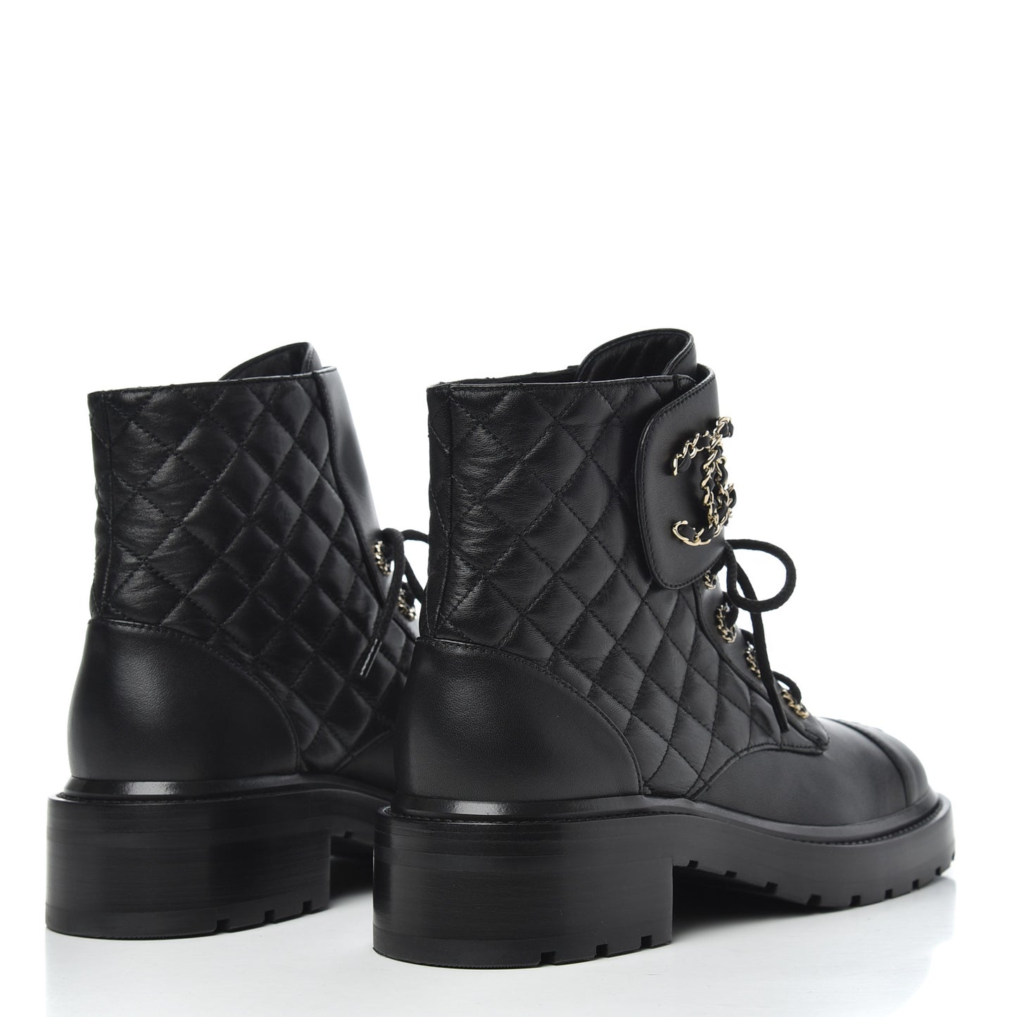 Shiny Lambskin Quilted Lace Up Combat Boots 39 Black