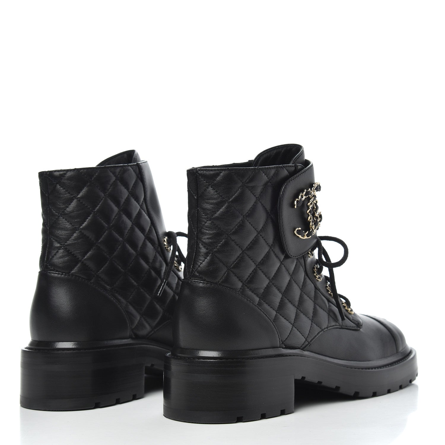Chanel Shiny Lambskin Quilted Lace Up Combat Boots 39 Black 4 of 10