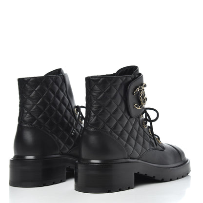 Chanel Shiny Lambskin Quilted Lace Up Combat Boots 39 Black 4 of 10