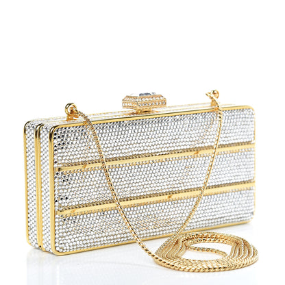 Judith Leiber Swarovski Crystal Striped Minaudiere Clutch Silver Gold 2 of 11