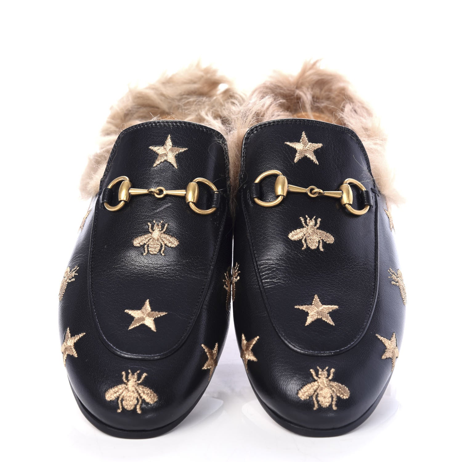 Gucci Goatskin Fur Bee Star Embroidered Womens Princetown Slippers 37.5 Black 5 of 10