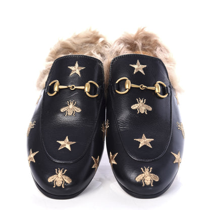 Gucci Goatskin Fur Bee Star Embroidered Womens Princetown Slippers 37.5 Black 5 of 10