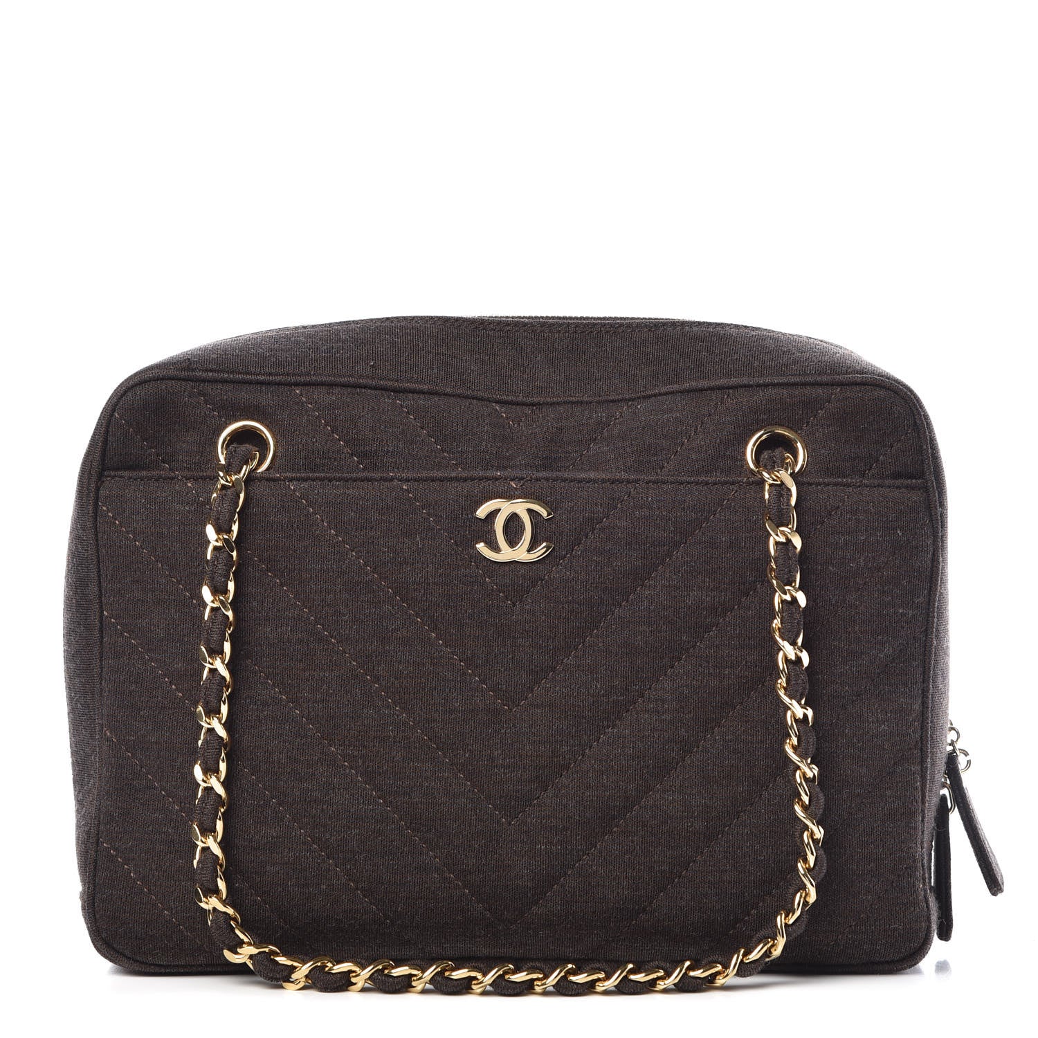 Chanel Jersey Chevron Quilted Camera Case Brown 1 of 10