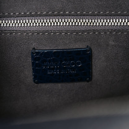Jimmy Choo Calfskin Crocodile Embossed Small Varenne Bowling Bag Navy 6 of 9