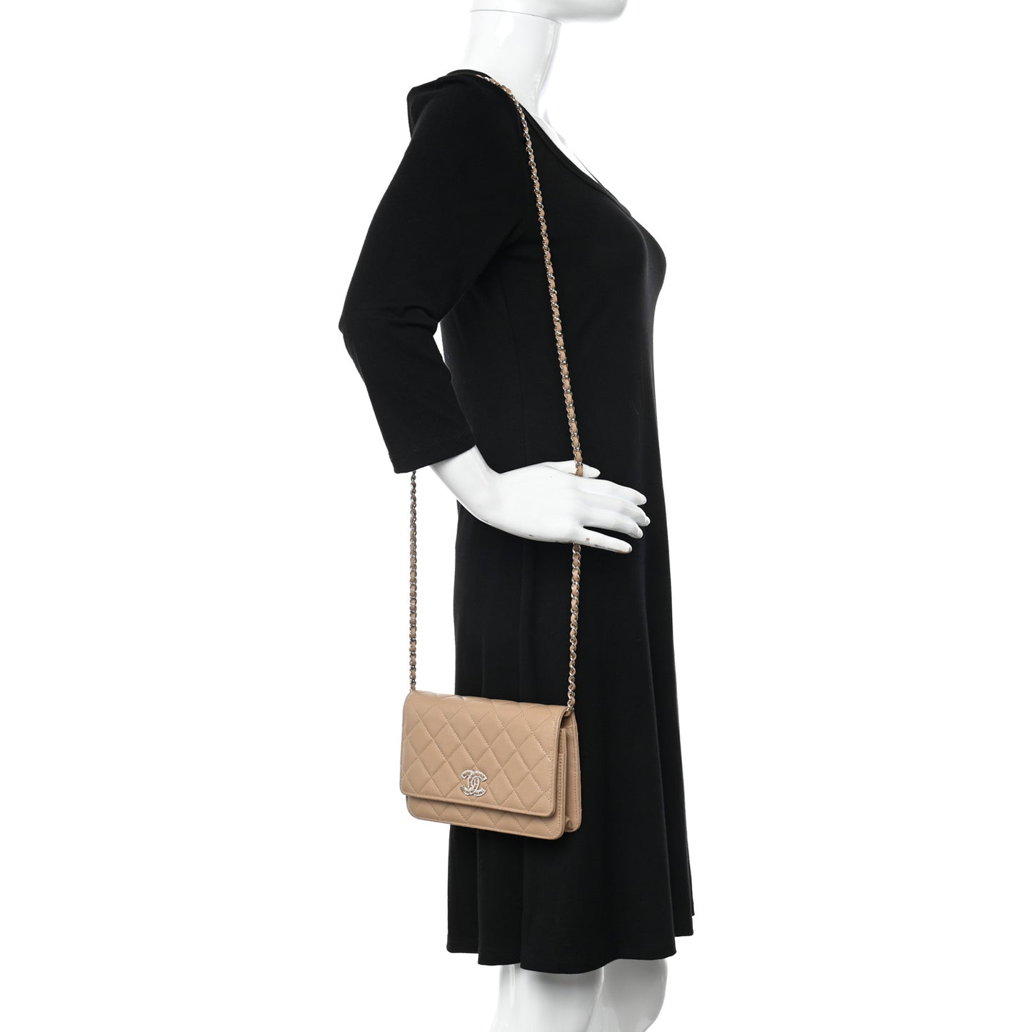 Caviar Quilted Crystal CC Wallet On Chain WOC Beige