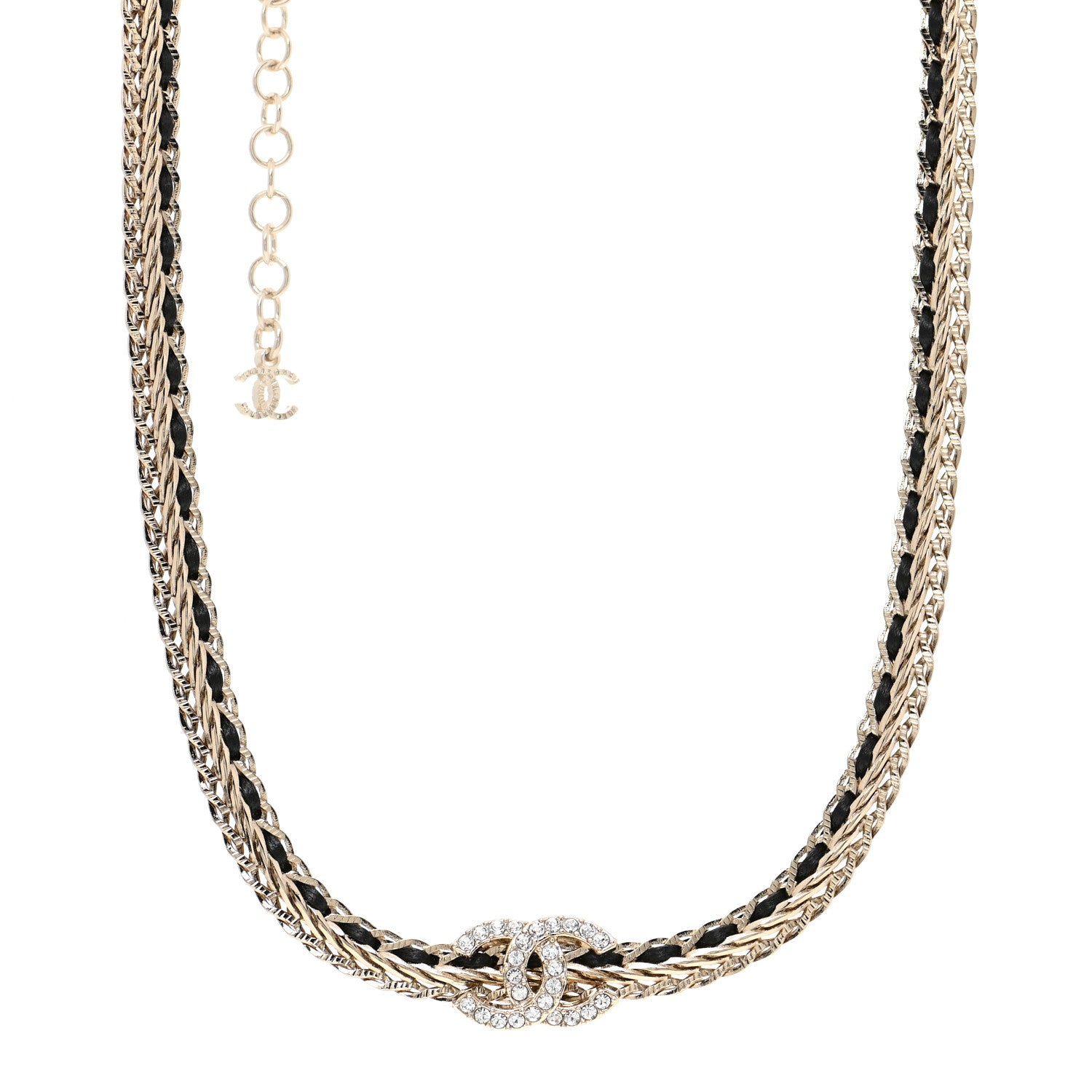 Chanel Metal Lambskin Crystal Chain CC Necklace Black Gold 1 of 5