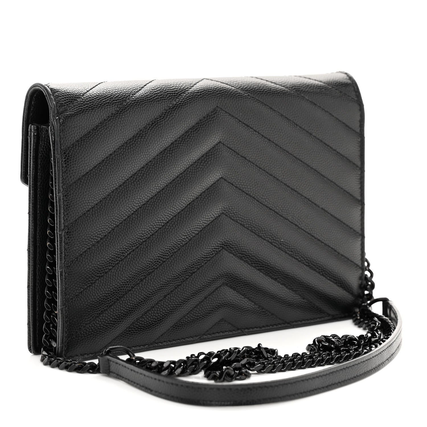Saint Laurent Grain De Poudre Matelasse Chevron Monogram Monochrome Envelope Chain Wallet Black 3 of 10