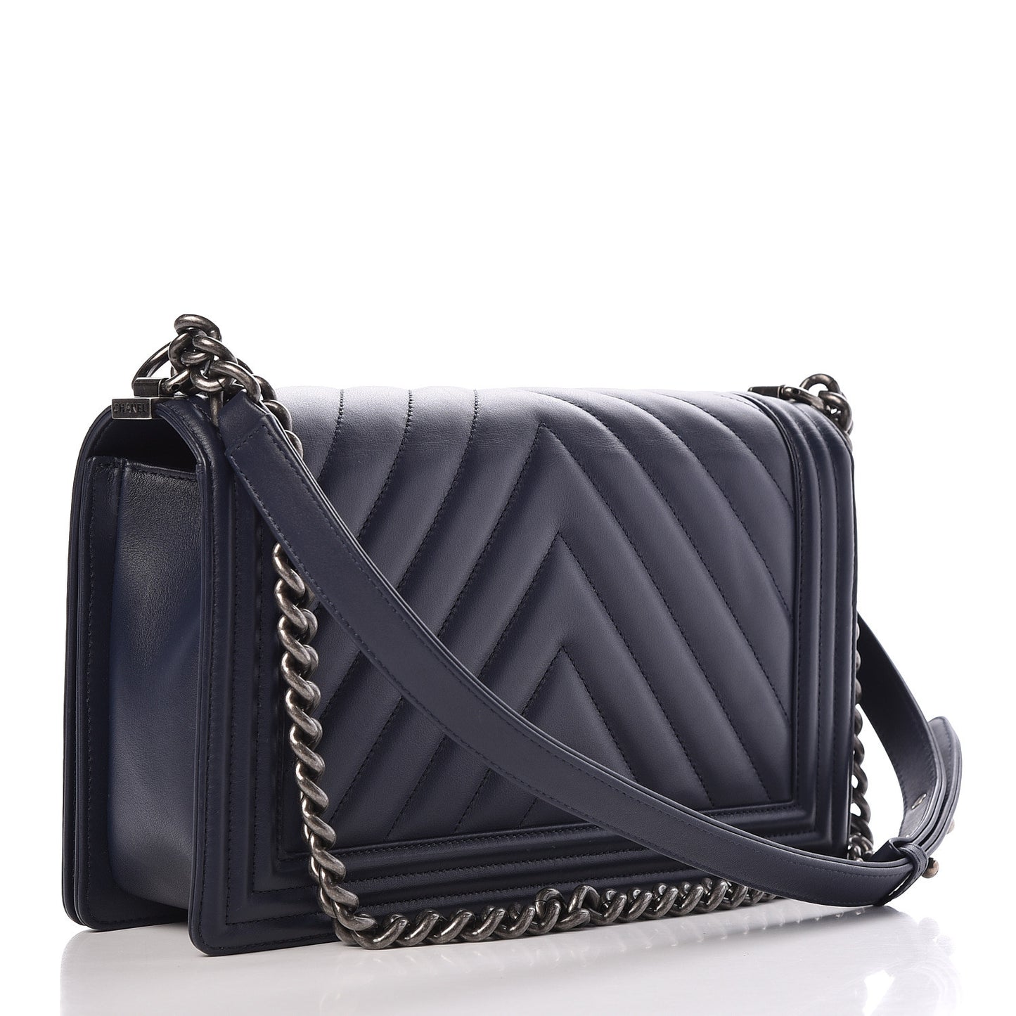 Lambskin Chevron Quilted New Medium Boy Flap Dark Navy Blue