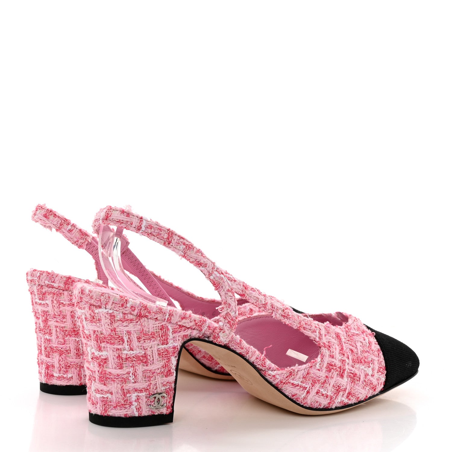 Chanel Tweed Grosgrain Cap Toe CC Slingback Pumps 37 Pink Black 4 of 13