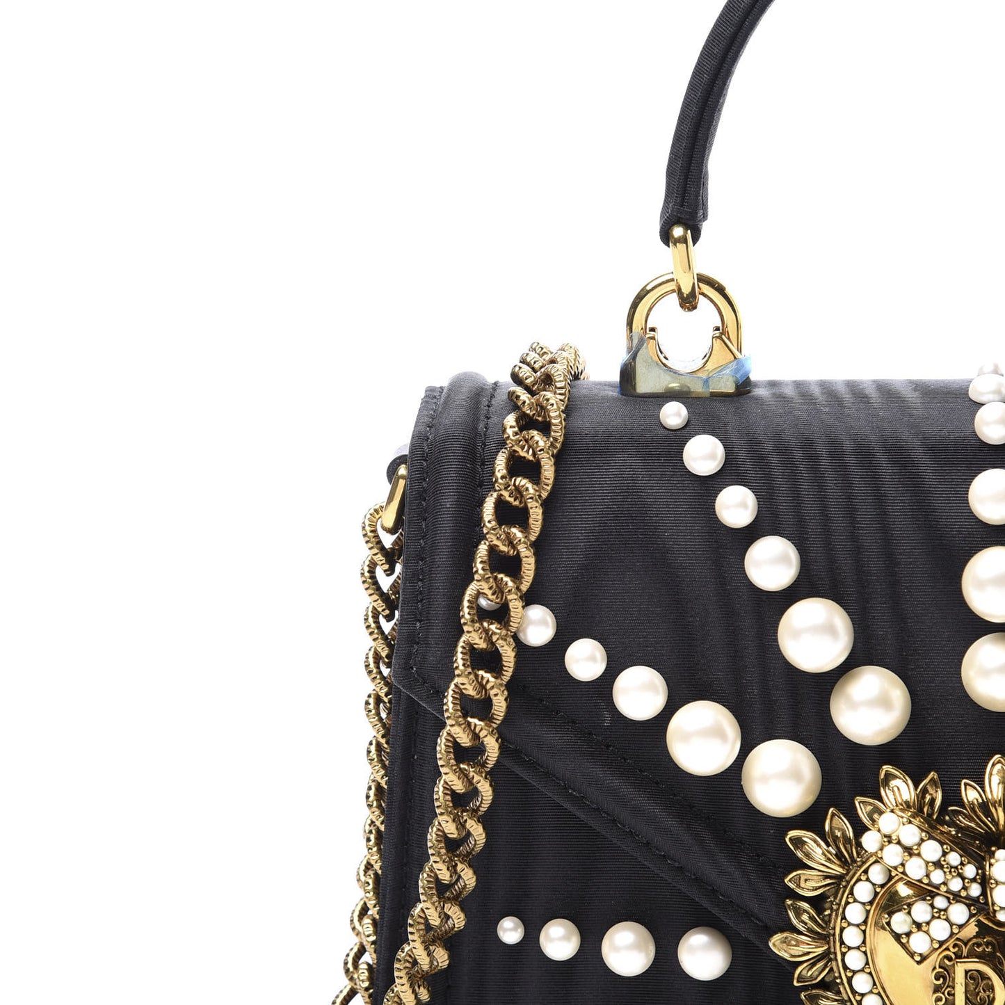 Moire Pearl Embellished Small Devotion Top Handle Bag Black