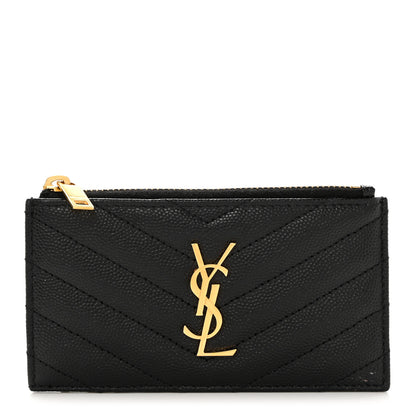 Saint Laurent Grain De Poudre Matelasse Chevron Monogram Fragments Zippered Card Case Black 1 of 8