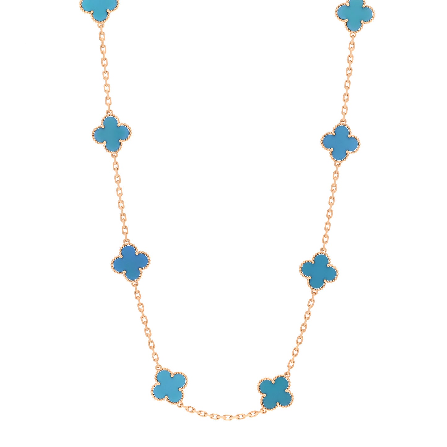 18K Yellow Gold Blue Agate 10 Motifs Vintage Alhambra Necklace