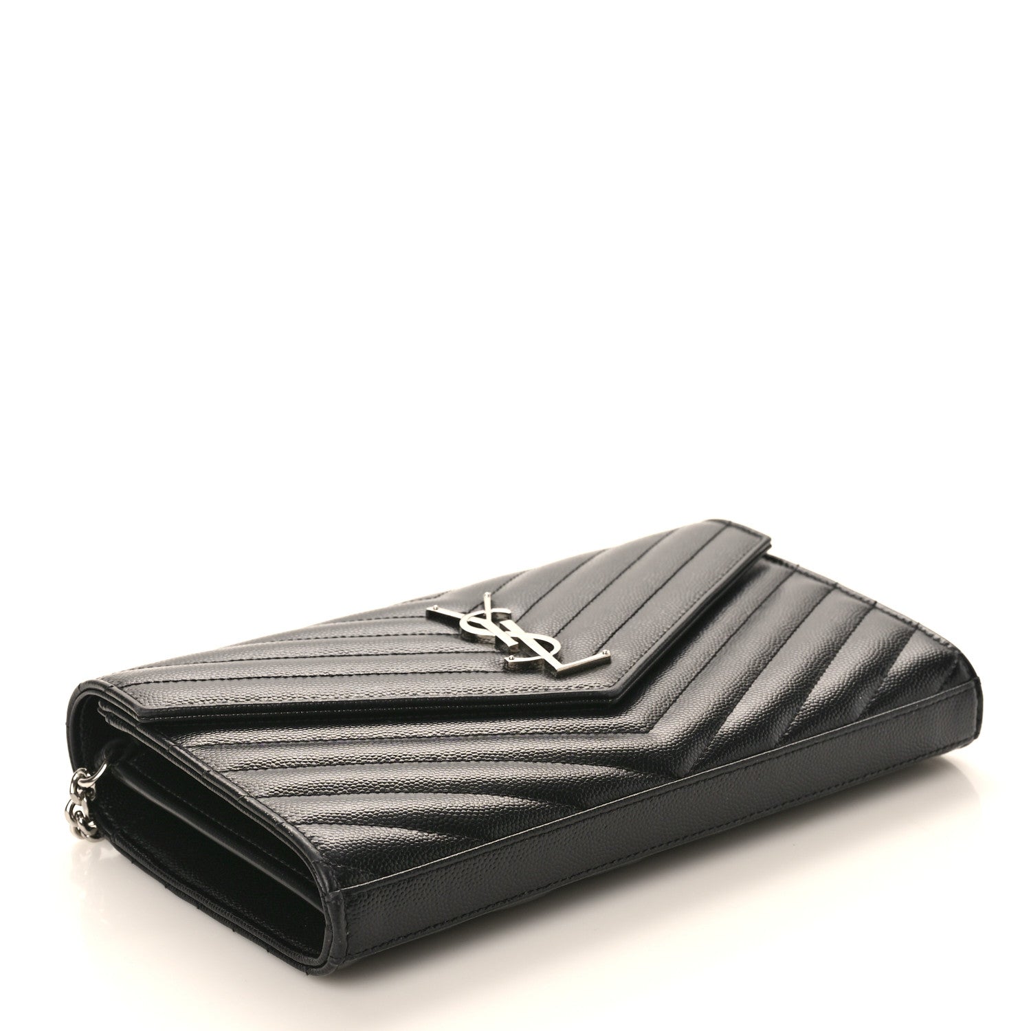 Saint Laurent Grain De Poudre Matelasse Chevron Monogram Chain Wallet Black 4 of 9
